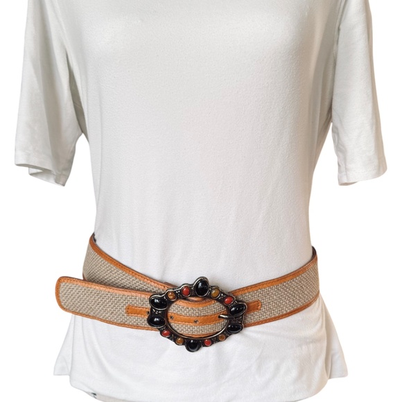 Italian Woven Burlap & Leather Belt with Multi-Stone Oval Buckle - Picture 6 of 8